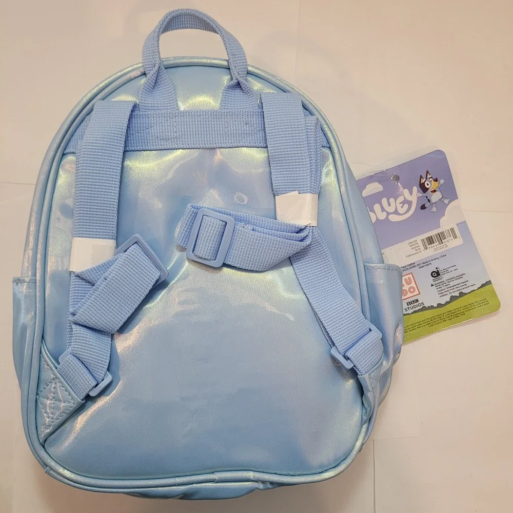 Bluey Backpack Kids Iridescent Blue Faux Leather Chenille‎ Patch Mini Bag NEW
